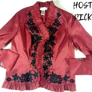 Jackie Jon Embellished Ruffle Red Blouse SZ 8P